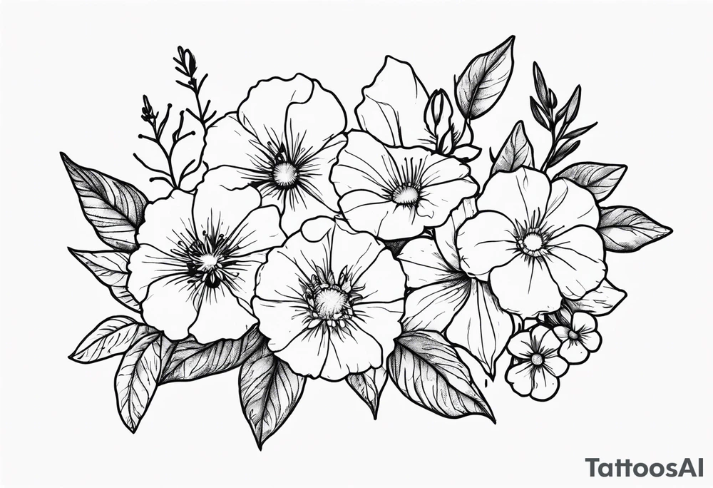 Birth flowers with violets, larkspur, aster, morning glory tattoo idea