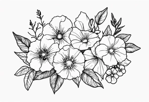 Birth flowers with violets, larkspur, aster, morning glory tattoo idea