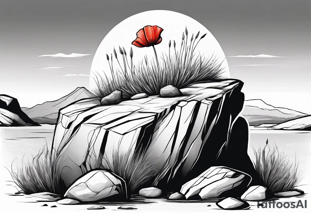 Lone  poppy growing out of boulder with roots enveloping rock tattoo idea