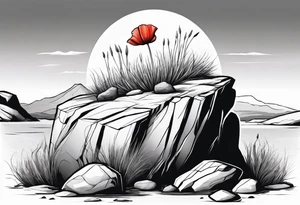 Lone  poppy growing out of boulder with roots enveloping rock tattoo idea