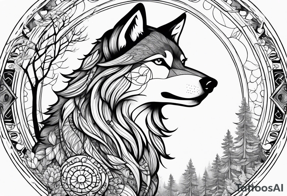 leader strong woman tree mushroom majestic hippie wolf tattoo idea