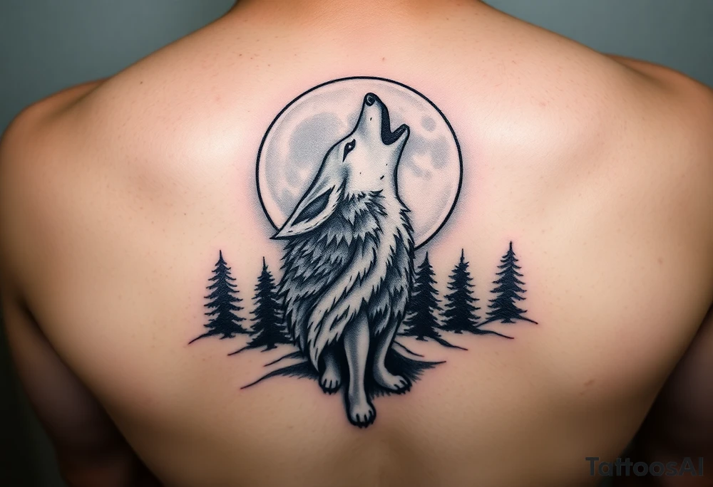 lone wolf howling at full moon with northern lights backdrop tattoo idea