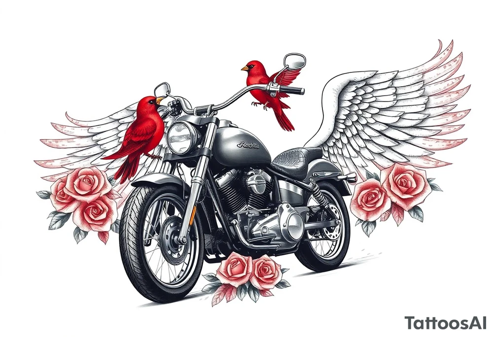 Harley grey motorcycle driving away, two red birds flying, roses, flames, angel wings tattoo idea