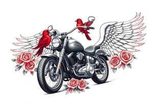 Harley grey motorcycle driving away, two red birds flying, roses, flames, angel wings tattoo idea
