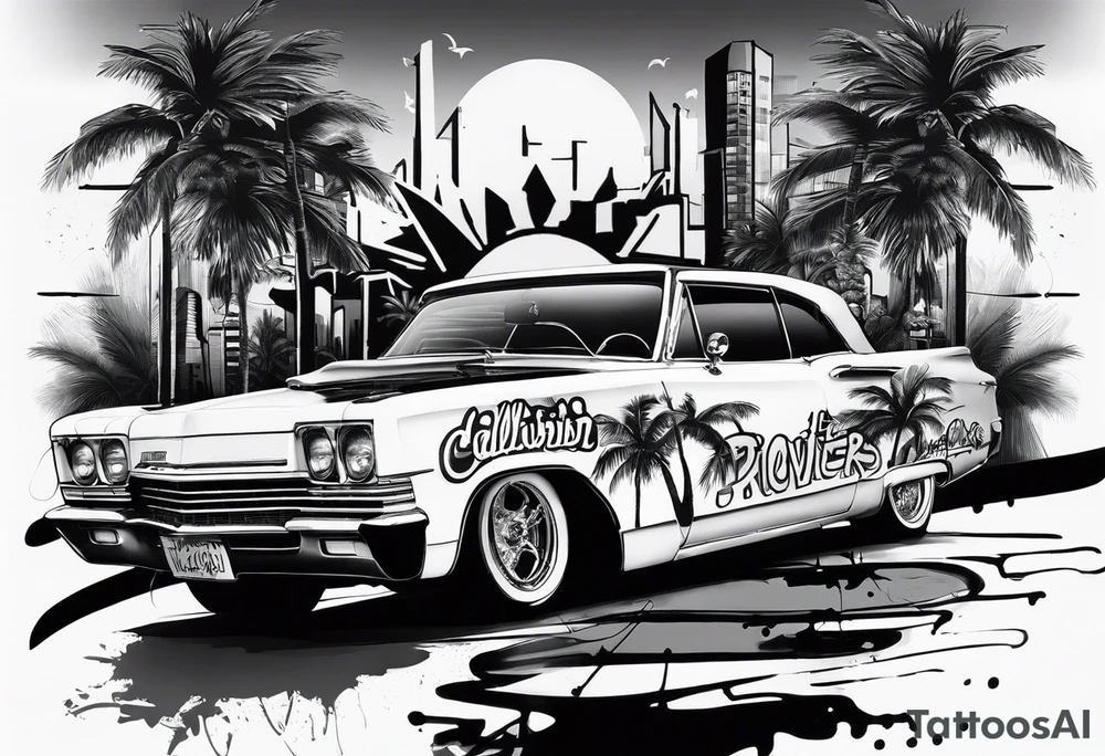 i want a leg tattoo design to be black and white collage with a mix of urban, graffiti, and street art styles. She must wear a cap with graffiti-style lettering on it.Palm trees are integrated into the background, suggesting a tropical or Californian vibe. Below the woman's portrait, there must be a depiction of a classic lowrider car, adding to the urban feel. The words "Live Now" are written in a dynamic, flowing script across the design, further emphasizing the theme of living in the moment. The overall style is a mix of realism and abstract elements, with splashes, drips, and various textures creating a layered, graffiti-inspired aesthetic tattoo idea