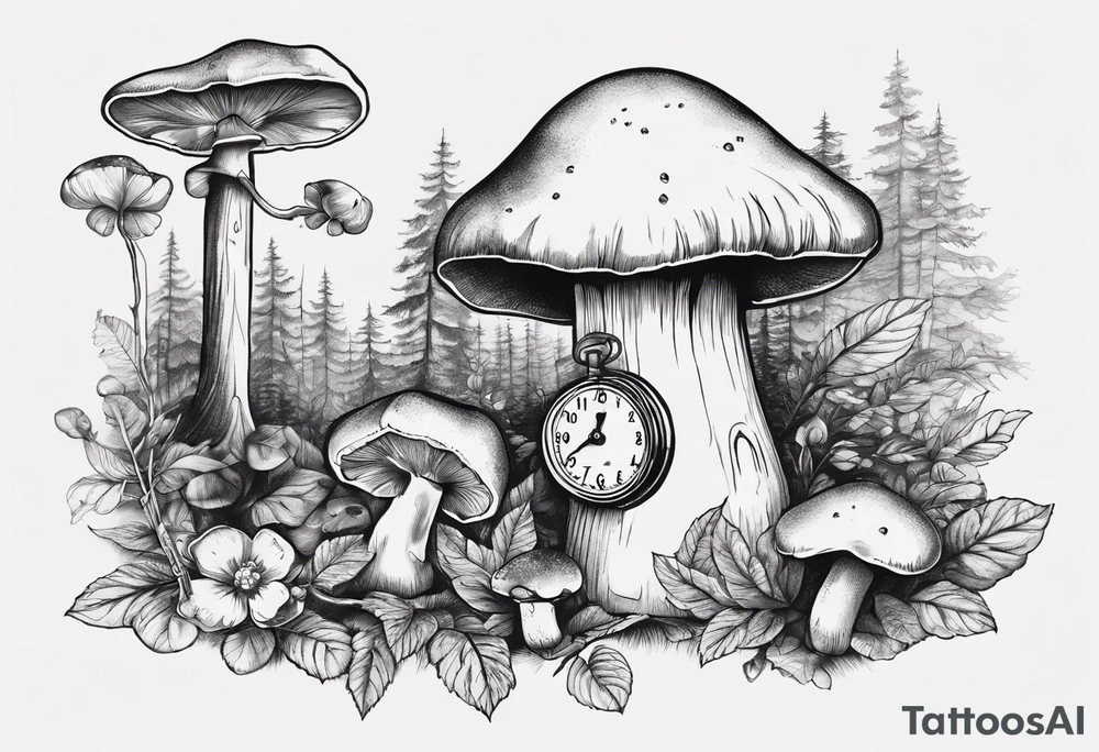 mounting landscape with little boletus in the forest.
Add in a middle an antique clock at 9:44pm
a cinema film
a deck of poker cards

Grandma's walking stick
An Italian coffee maker tattoo idea