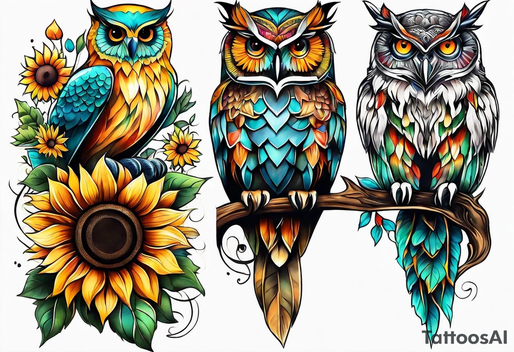 Leg sleeve with colorful sunflowers and an owl tattoo idea