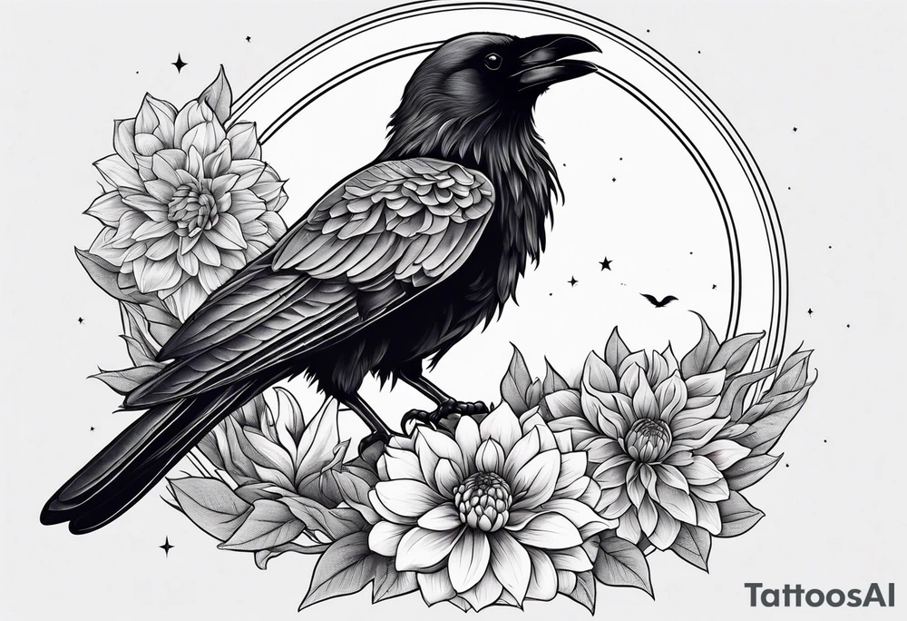 Perched crow surrounded by dahlia flowers with a moon in the background tattoo idea
