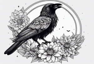 Perched crow surrounded by dahlia flowers with a moon in the background tattoo idea