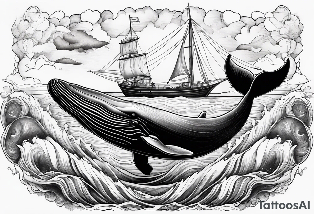 sperm whale jumping out of the water with the Virgo in the sky and a sail boat at sea tattoo idea
