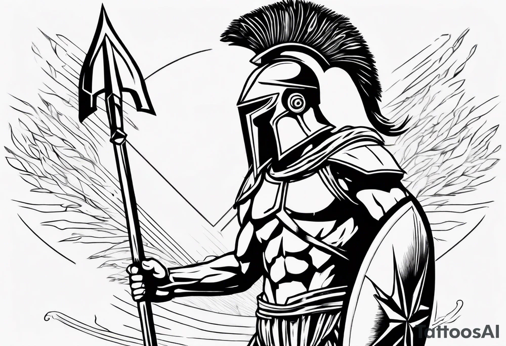 rectangular landscape format ultra-fine line linework vector of a spartan from the side, spartan spear, spartan shield, laurel wreath tattoo idea