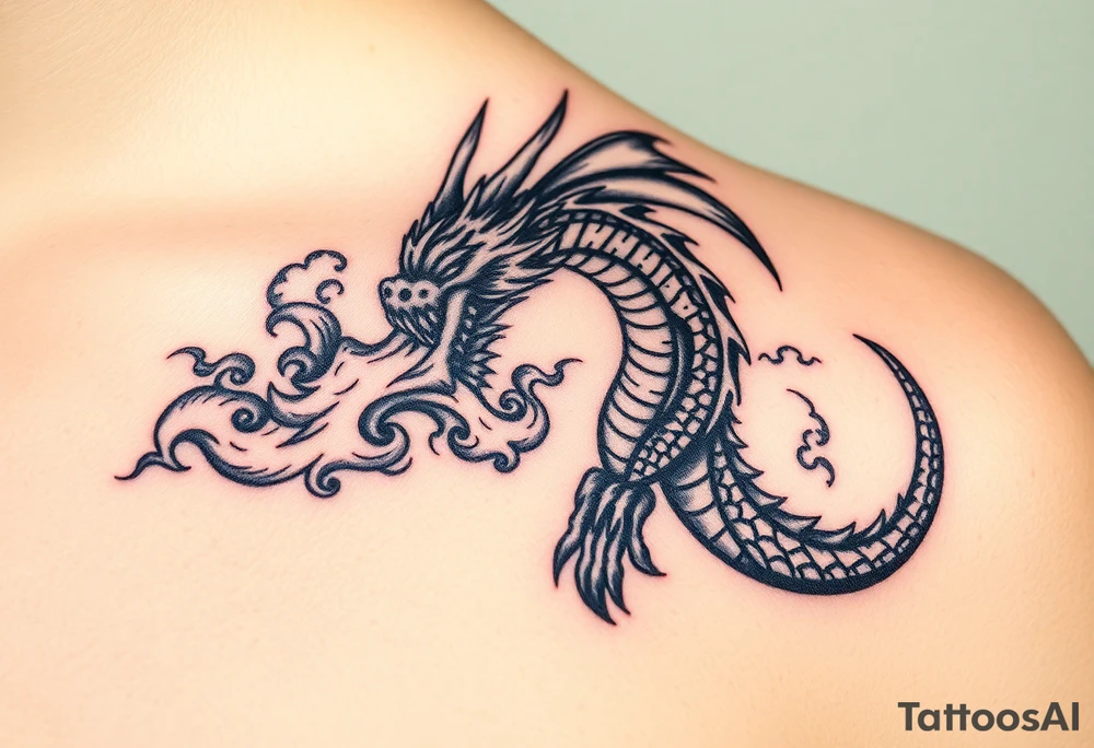 fierce dragon breathing iridescent fire against stormy skies tattoo idea