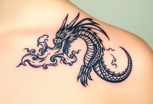 fierce dragon breathing iridescent fire against stormy skies tattoo idea