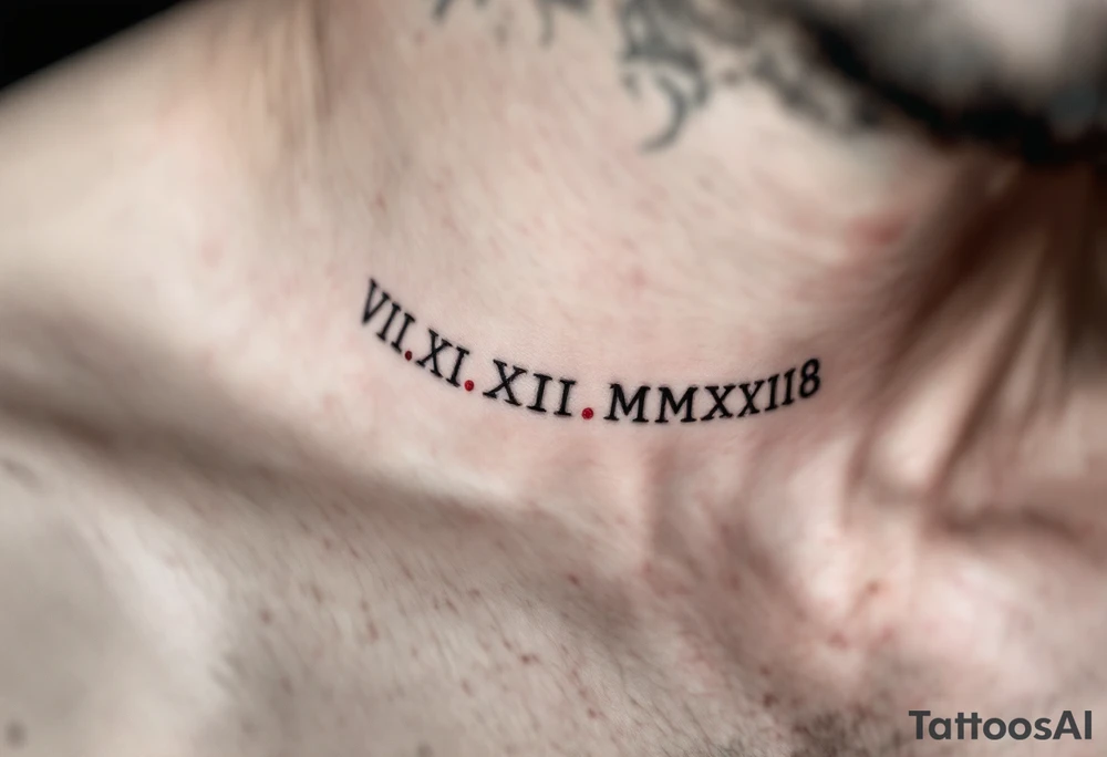 VIII.XII.MMXVIII in thick black font circling the neck like a collar, with small ruby red dots separating the numerals. tattoo idea