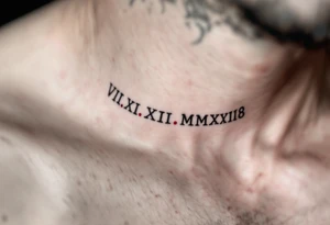VIII.XII.MMXVIII in thick black font circling the neck like a collar, with small ruby red dots separating the numerals. tattoo idea