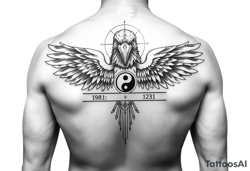 Create a detailed upper back tattoo design featuring a central figure with a crow head facing forward, a human body, and two symmetrical angel wings extending outward. The design should include geometric elements like circles and lines, a yin-yang symbol in the center, and text or numbers resembling coordinates or dates along a horizontal line. Use a grayscale style with intricate shading, ensuring a balanced and bold composition. Avoid side profiles for the crow head, keeping it directly forward tattoo idea