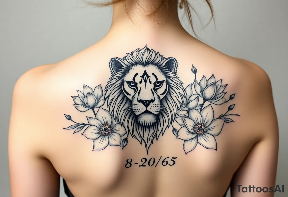 lion face as one of the lotus flowers then the rest blooming lotus flowers in mist with the date 8/20/65 flowers surrounding lion tattoo idea