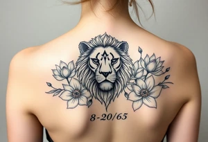 lion face as one of the lotus flowers then the rest blooming lotus flowers in mist with the date 8/20/65 flowers surrounding lion tattoo idea