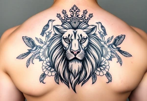 powerful majestic lion with a crown, surrounded by floral ornaments and birds tattoo idea