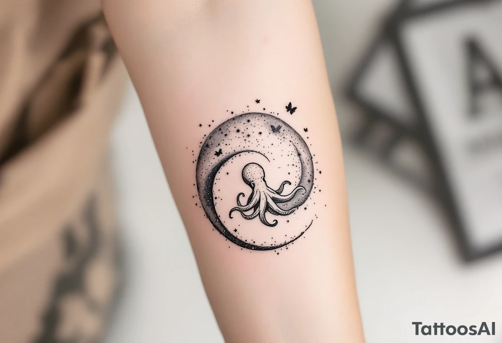 Delicate black ink tattoo in dotwork and fine-line style, representing the Milky Way galaxy in a spiral formation with scattered stars and cosmic dust. Integrate a small, whimsical octopus subtly within the spiral — as if it’s curled into or emerging from the galaxy itself. The octopus should match the dotwork and fine-line aesthetic: minimal, elegant, and softly surreal, blending naturally with the cosmic swirl. Optional: include a couple of tiny butterflies orbiting or interacting with the composition, to add a dreamy, symbolic touch. Style: cosmic minimalism, black ink dotwork, microrealism, poetic surrealism. tattoo idea