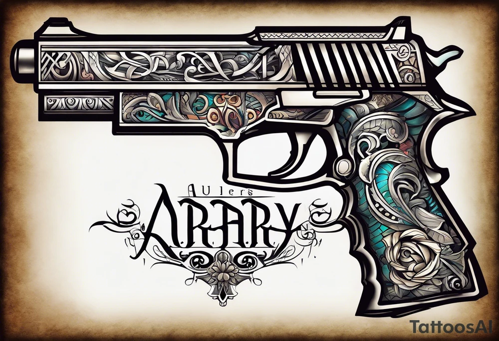 The letters AR with a pistol on each side and the word always on the top and ready on the bottom tattoo idea