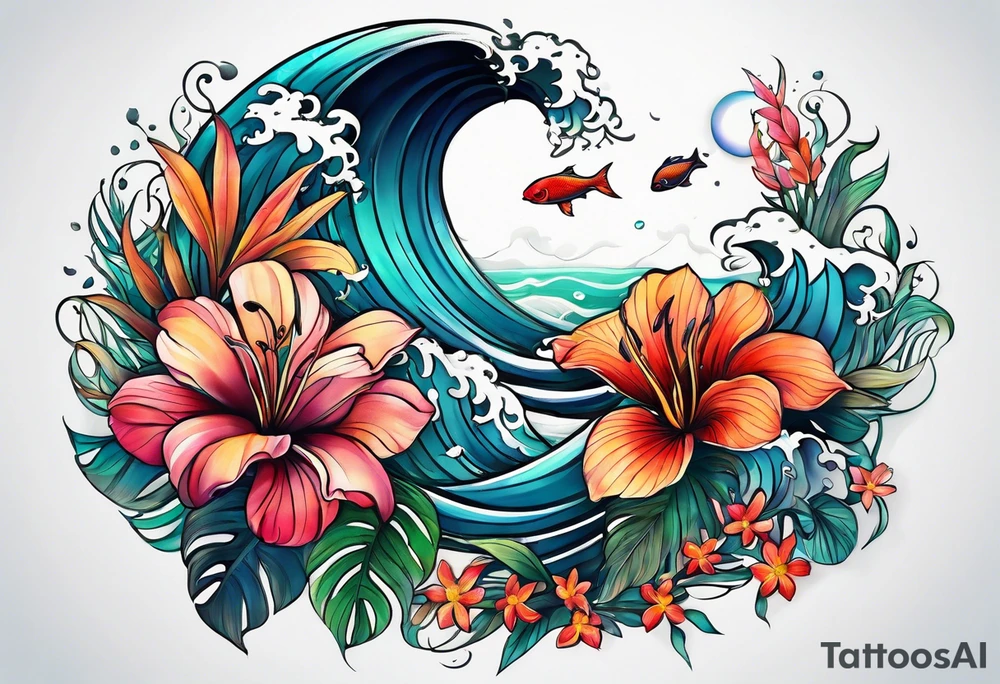 sea, flower, palm, animal tattoo idea
