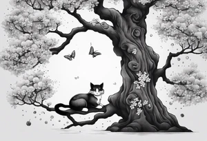 elongated hanging cherry blossom branch meeting with a dying pine tree with hidden cute demon cat tattoo idea