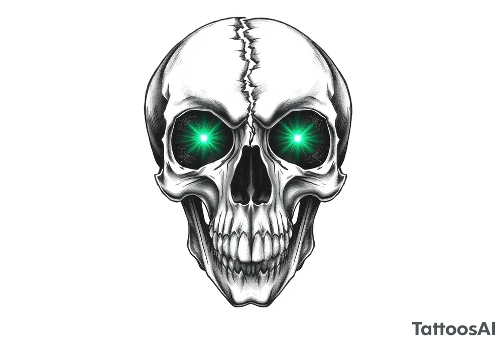 Close-up of a fractured skull with two luminous emerald eyes. tattoo idea