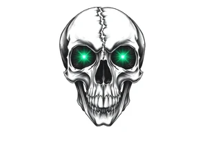 Close-up of a fractured skull with two luminous emerald eyes. tattoo idea