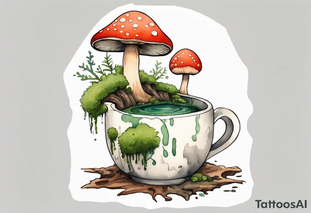 a mushroom with a moss beard drinking from a wood mug tattoo idea