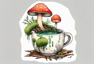 a mushroom with a moss beard drinking from a wood mug tattoo idea