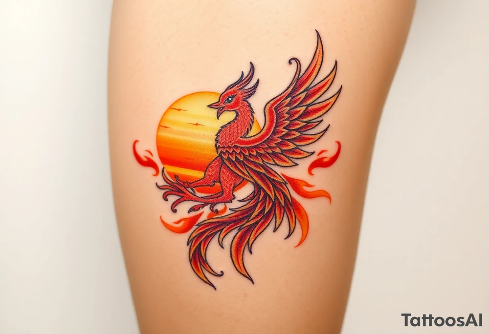 magnificent phoenix rising from flames with trailing embers pinks golds orange and yellows with a golden sunset and sky backdrop tattoo idea