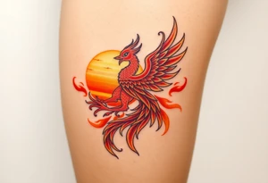 magnificent phoenix rising from flames with trailing embers pinks golds orange and yellows with a golden sunset and sky backdrop tattoo idea