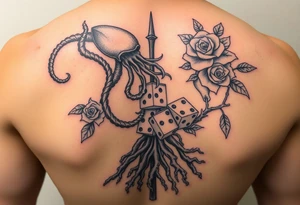 squid, knight intertwined with roses and tree roots rolling dice tattoo idea