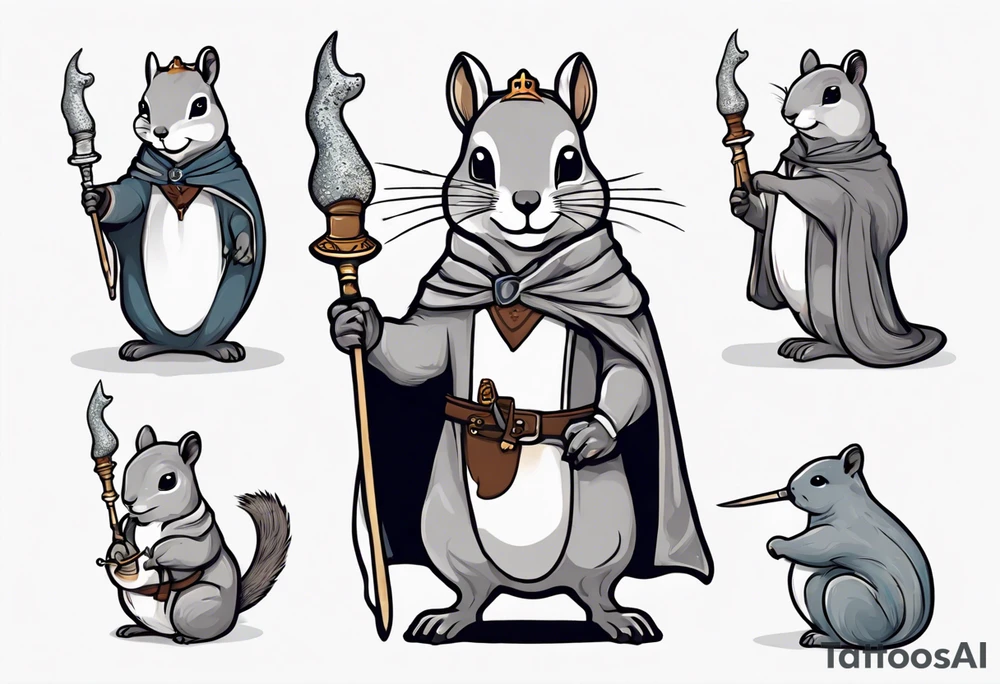 a grey squirrel dressed in a medieval tunic holding a silver narwhal horn tattoo idea