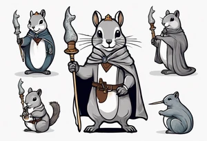 a grey squirrel dressed in a medieval tunic holding a silver narwhal horn tattoo idea