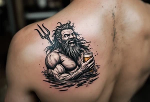 laughing poseidon in calm water, holding a trident, holding a beer tattoo idea