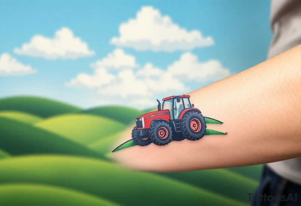 A tractor surrounded by rolling green hills, under a bright blue sky with white fluffy clouds tattoo idea