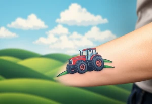 A tractor surrounded by rolling green hills, under a bright blue sky with white fluffy clouds tattoo idea