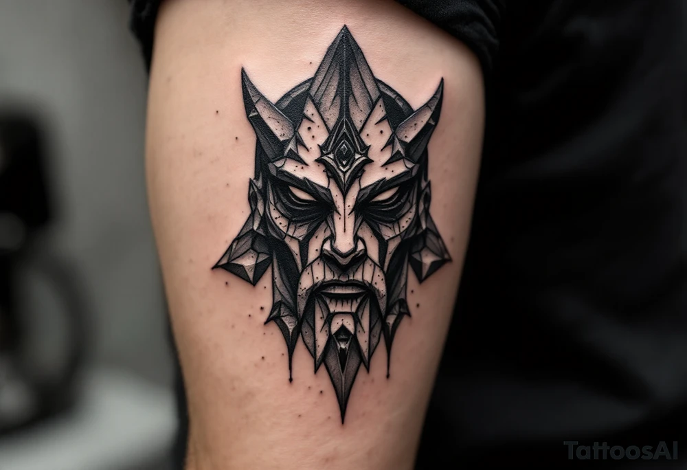 A black Zbruch idol with weathered stone texture, representing the ancient Slavic god of the underworld and balance. tattoo idea