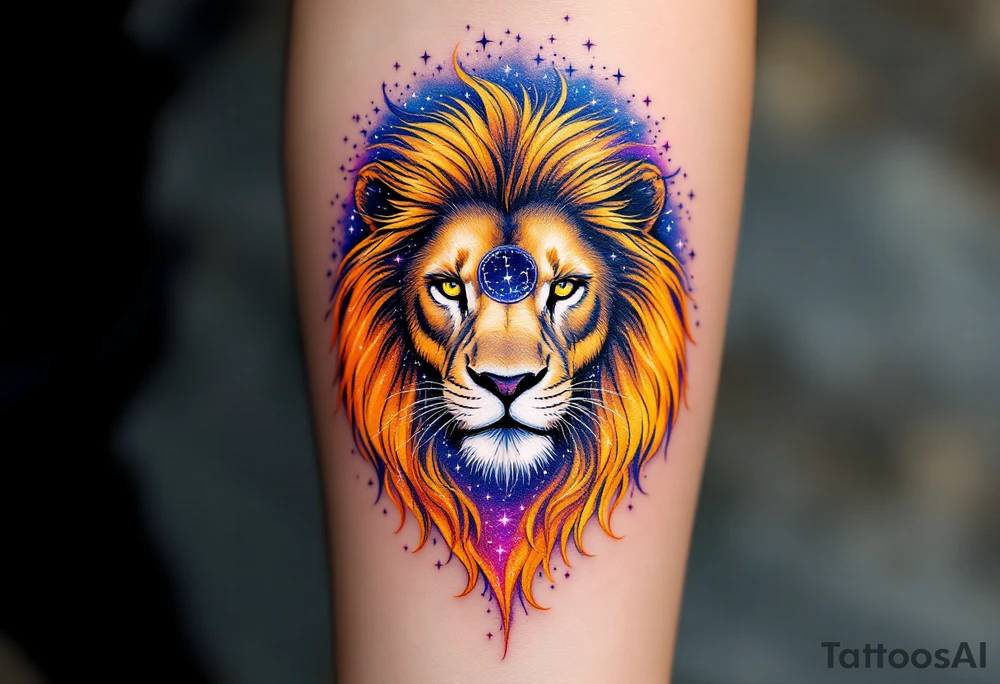 A Leo zodiac symbol and vivid leo star constellation rests between the eyes of a golden lion whose mane dissolves into a trail of starlit purple and blue. tattoo idea
