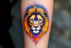A Leo zodiac symbol and vivid leo star constellation rests between the eyes of a golden lion whose mane dissolves into a trail of starlit purple and blue. tattoo idea