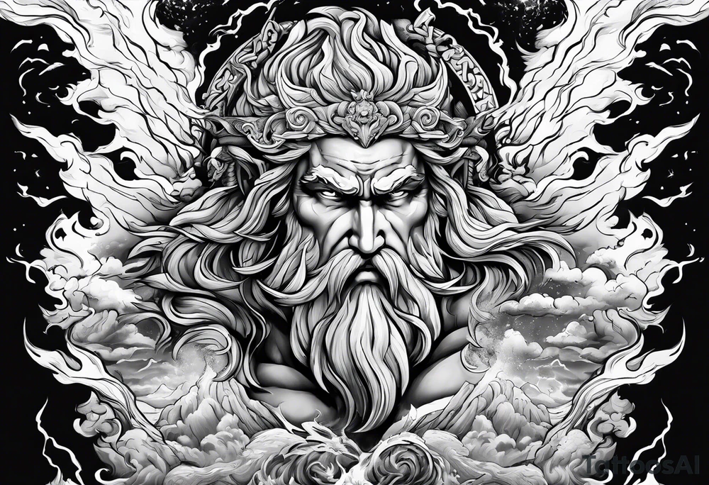 Zeus with a lightning bolt on clouds and Hades in hell below tattoo idea