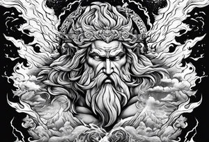 Zeus with a lightning bolt on clouds and Hades in hell below tattoo idea