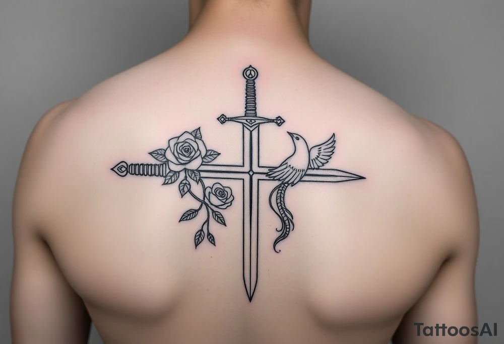 Cross sword on arm darkened in with roses pearls on the sword and a small phoenix rising from the ashes feminine tattoo idea