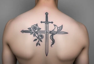 Cross sword on arm darkened in with roses pearls on the sword and a small phoenix rising from the ashes feminine tattoo idea