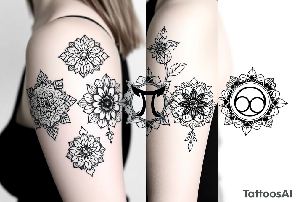 Geometric floral circles with 5 Symbolic elements for each family member. Two base elements for my husband and I, intertwined floral patterns like mirrored vines or spiral paisleys representing our identical twins, and a Gemini zodiac sign for my son. Use feminine-yet-bold linework and Interconnected elements to reflect family unity tattoo idea