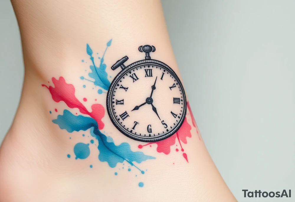 A delicate clock frozen at the baby’s birth time, surrounded by soft pastel blue and pink watercolor splashes, symbolizing the moment of arrival tattoo idea