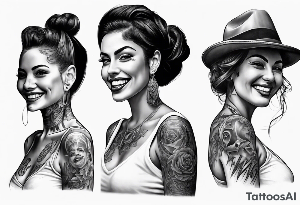 Chicano style woman smiling street photorealism tattoo idea