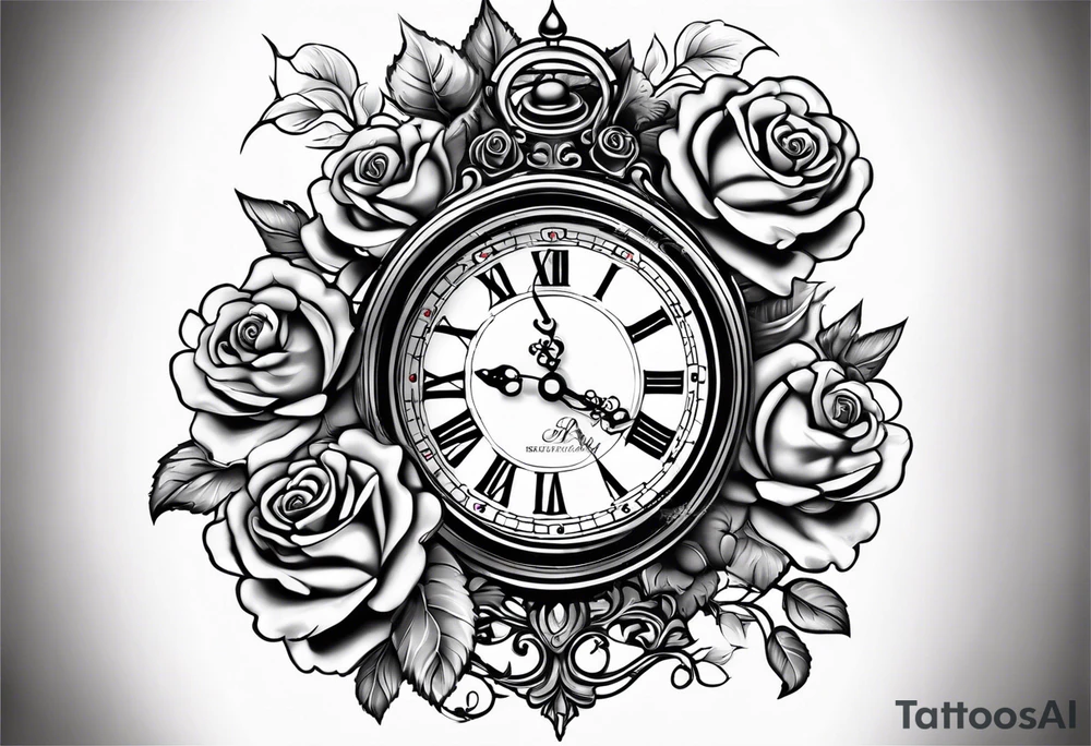 Half sleeve on arm of beautiful old fashion clock with roses, cherubs, angels, and the name chase Peter in a scroll tattoo idea